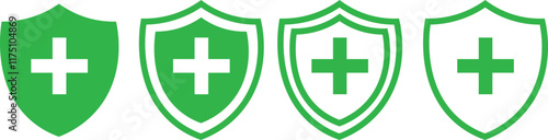 Shield with cross icon set. safety health shield vector illustration.