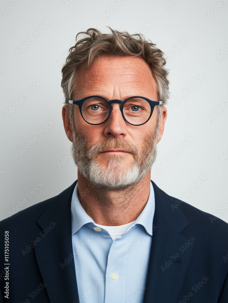 Mature caucasian male with glasses and beard in formal attire