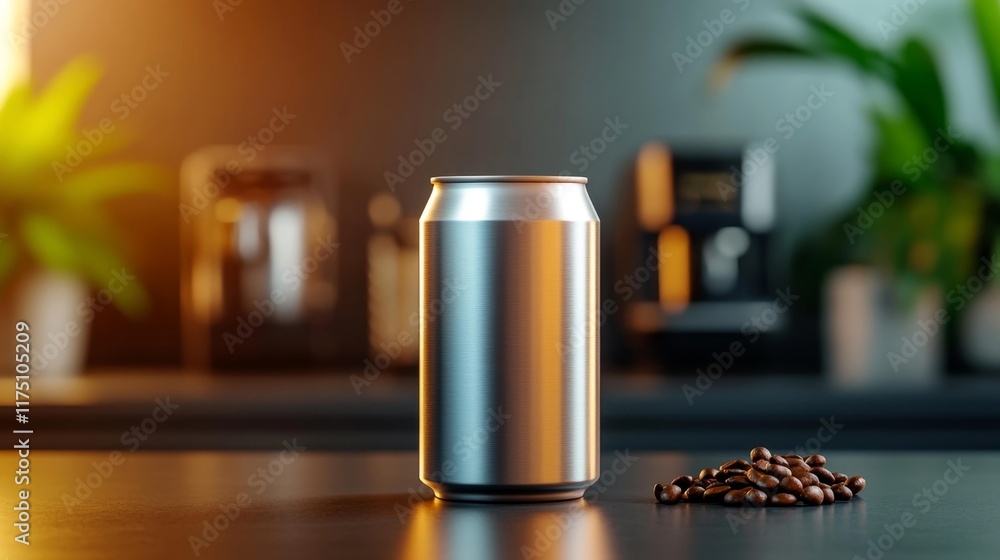 Aluminum Can Mockup with Coffee Beans. Generative AI Aluminum Can Mockup with Coffee Beans. Generative AI