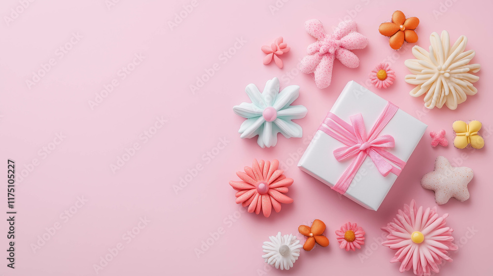 Fototapeta premium Pink gift box with pastel flowers on pink background
