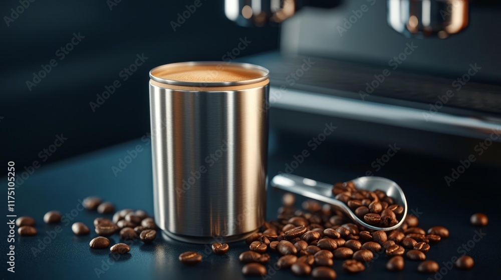 Coffee Can Mockup with Beans on a Coffee Bar. Generative AI Coffee Can Mockup with Beans on a Coffee Bar. Generative AI