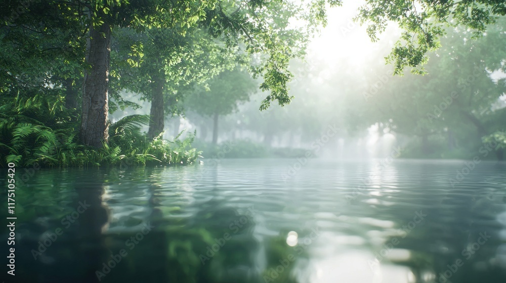 Obraz premium Serene morning mist over tranquil forest water