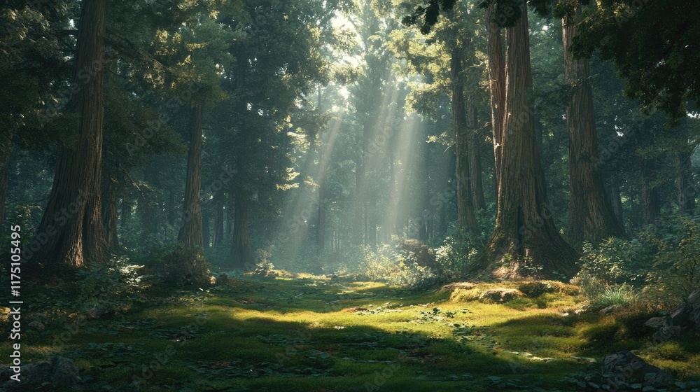 Obraz premium A peaceful forest with tall trees and sunlight streaming through the canopy onto the mossy ground.