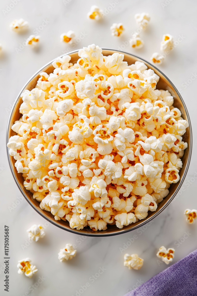 Freshly popped popcorn in a bowl on marble surface Freshly popped popcorn in a bowl on marble surface