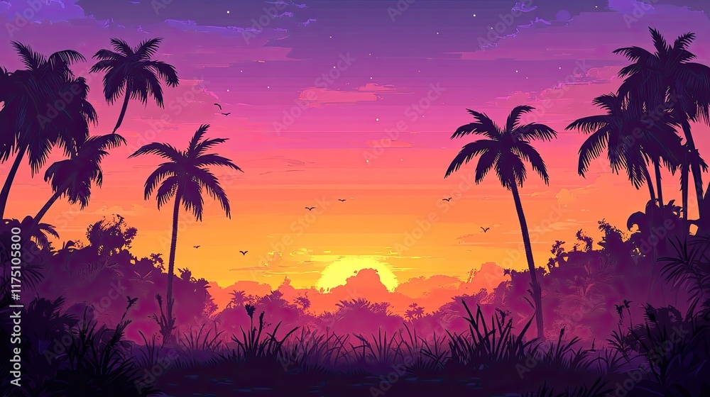 Obraz premium Tropical Sunset Silhouette Palm Trees Landscape