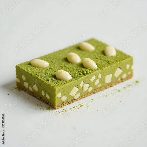 A close-up of a sophisticated matcha white chocolate bar.