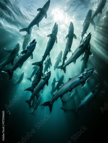 shoal of salmon in ocean seen from below photo