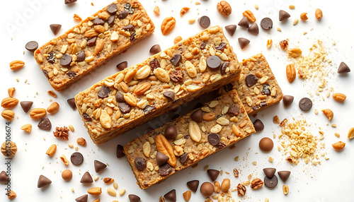 Close-up of several granola bars topped with various nuts, chocolate chips, and seeds.