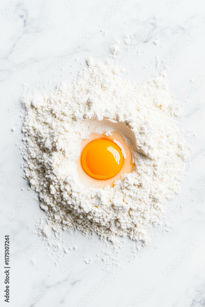 Fresh egg yolk in flour on marble surface for baking