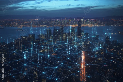 Wallpaper Mural Night cityscape, illuminated buildings, interconnected network. Torontodigital.ca