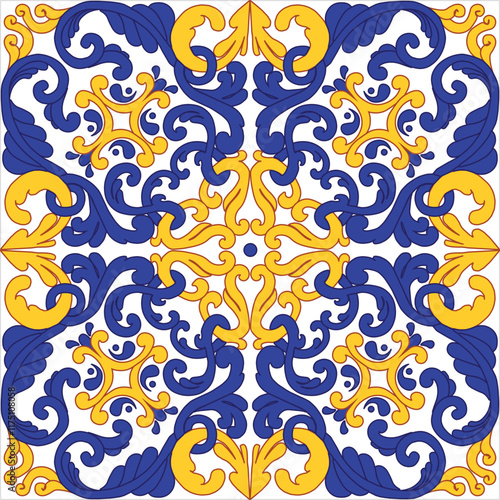 Traditional ceramic tiles azulejos vector illustration. Italian majolica seamless pattern. Classic Sicelian blue yellow Mediterranean print.