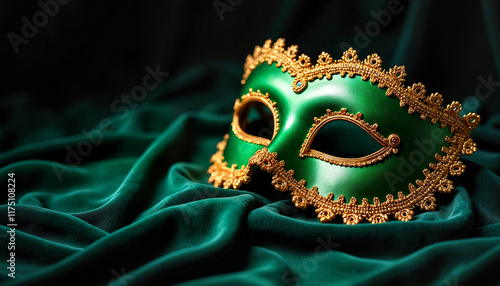 Elegant green masquerade mask with gold trim on velvet fabric backdrop photo