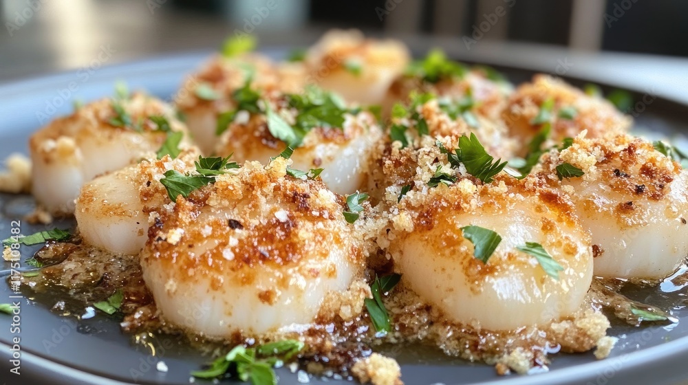 A plate of baked scallops topped with garlic butter and breadcrumbs, garnished with parsley. A plate of baked scallops topped with garlic butter and breadcrumbs, garnished with parsley.