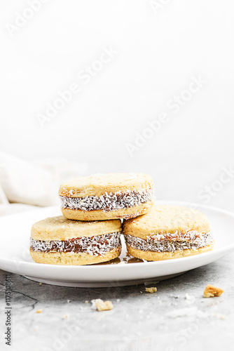 alfajores cookies with condensed milk, dulche de leche photo