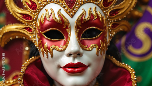 Red and gold Venetian mask with ornate details, cultural carnival design photo