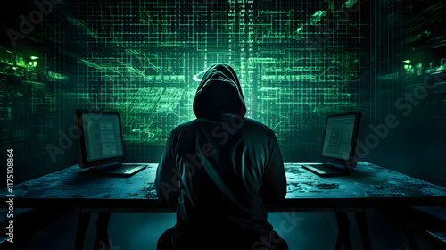 HJ Cybersecurity - Unseen Threat: Hooded Hacker Aggressively Typing Code in a Dark Room to Break the Server's Firewall