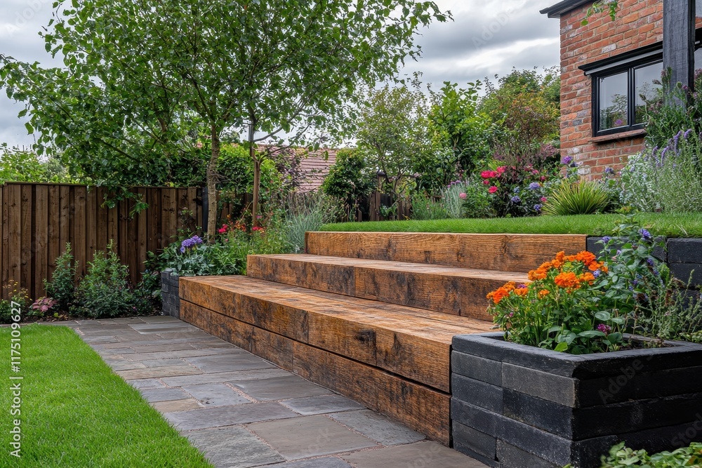 Rustic wooden steps and bench in garden. Perfect for landscaping, gardening, and outdoor living designs. Rustic wooden steps and bench in garden. Perfect for landscaping, gardening, and outdoor living designs.