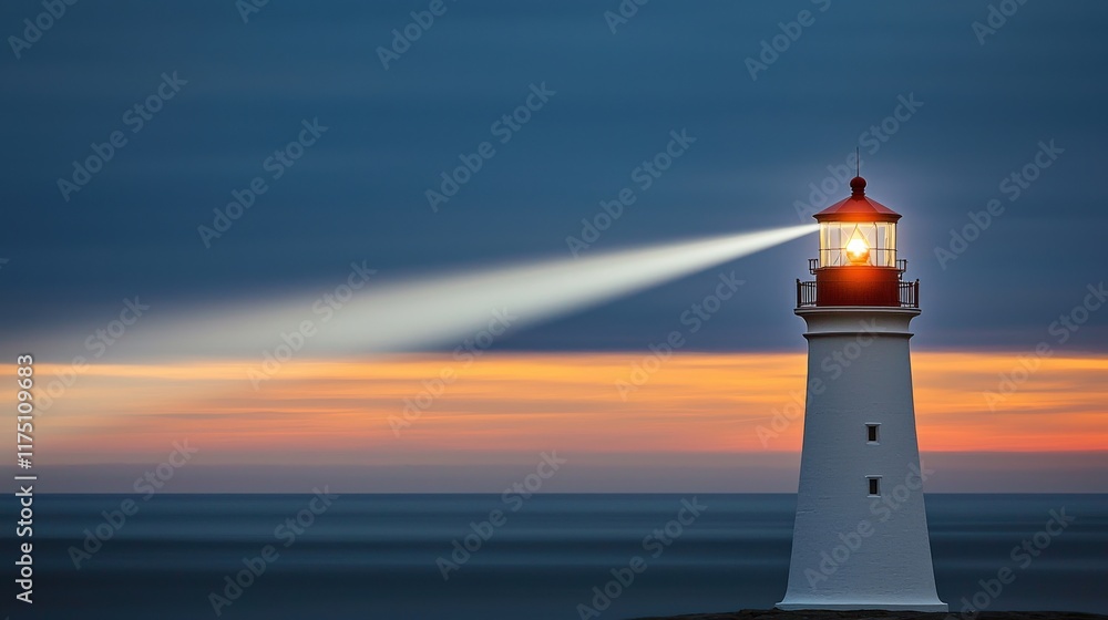 A serene lighthouse shines its beam over calm waters at sunset, creating a tranquil yet guiding scene against a dramatic sky. A serene lighthouse shines its beam over calm waters at sunset, creating a tranquil yet guiding scene against a dramatic sky.