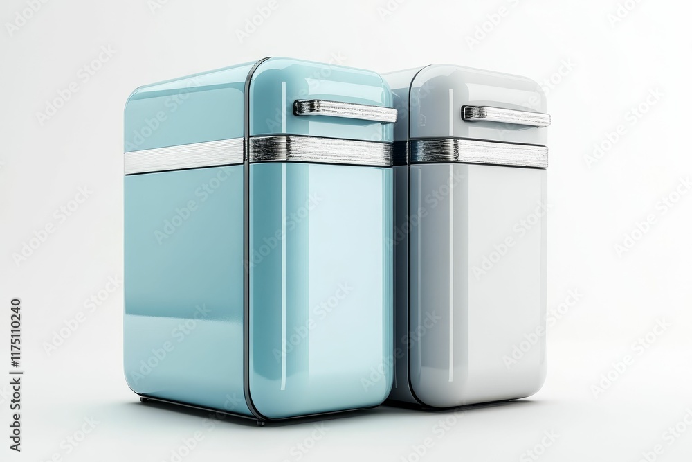 Two retro-style refrigerators, light blue and white. Two retro-style refrigerators, light blue and white.