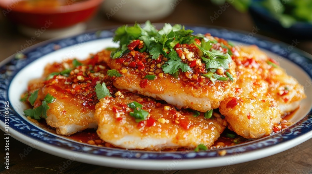 A plate of crispy fried fish topped with spicy and tangy chili sauce, garnished with fresh herbs. A plate of crispy fried fish topped with spicy and tangy chili sauce, garnished with fresh herbs.
