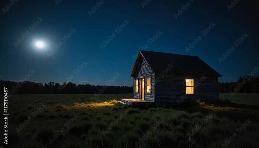 Small cabin illuminated under a bright moon in open field Small cabin illuminated under a bright moon in open field