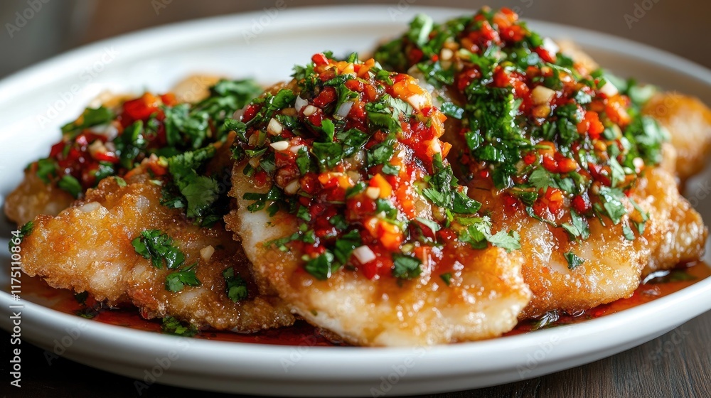 A plate of crispy fried fish topped with spicy and tangy chili sauce, garnished with fresh herbs. A plate of crispy fried fish topped with spicy and tangy chili sauce, garnished with fresh herbs.
