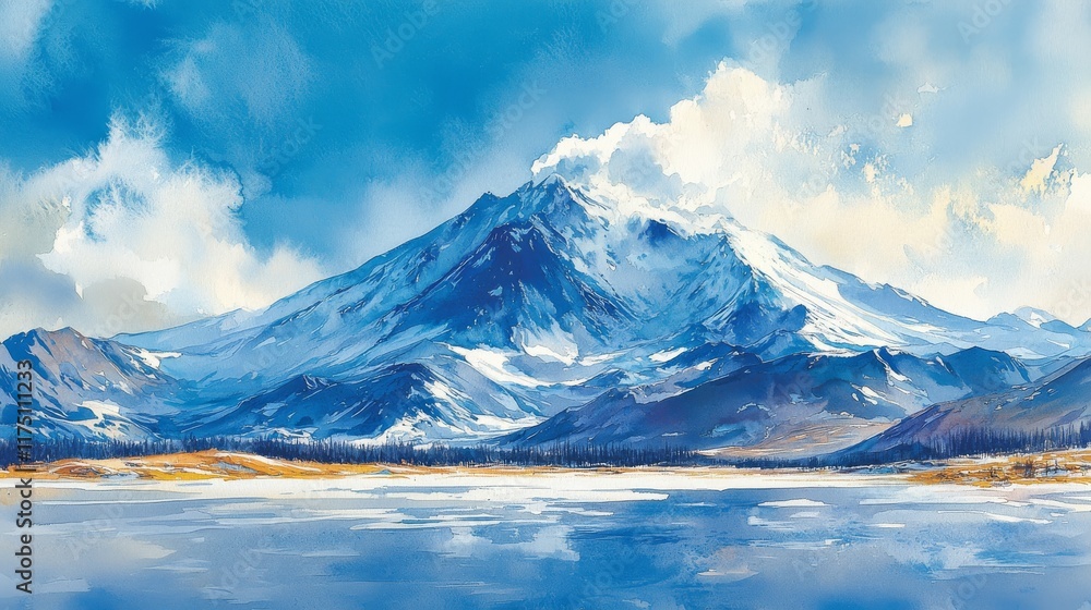 custom made wallpaper toronto digitalWatercolor Serenity, Snowy Mountain Peaks Reflecting in a Calm Lake Under a Partly Cloudy Sky