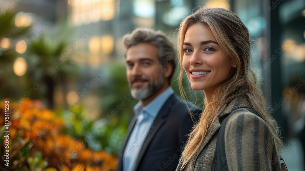 Professional business man and woman smiling outdoors, showcasing a positive business environment. Professional business man and woman smiling outdoors, showcasing a positive business environment.