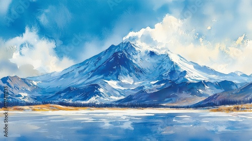 Wallpaper Mural Watercolor Serenity, Snowy Mountain Peaks Reflecting in a Calm Lake Under a Partly Cloudy Sky Torontodigital.ca