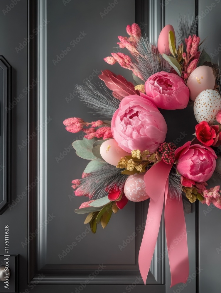 Fototapeta premium Vibrant spring wreath adorned with pink peonies and decorative eggs on a dark door