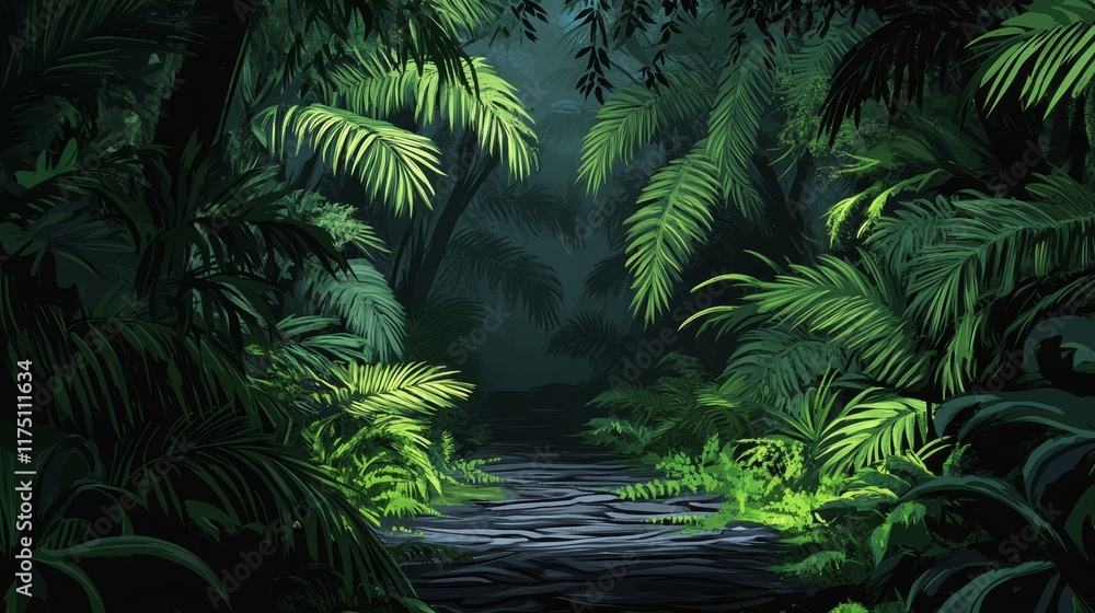 Pixel Art Depiction of a Dark, Lush Jungle Path with a Stream Pixel Art Depiction of a Dark, Lush Jungle Path with a Stream