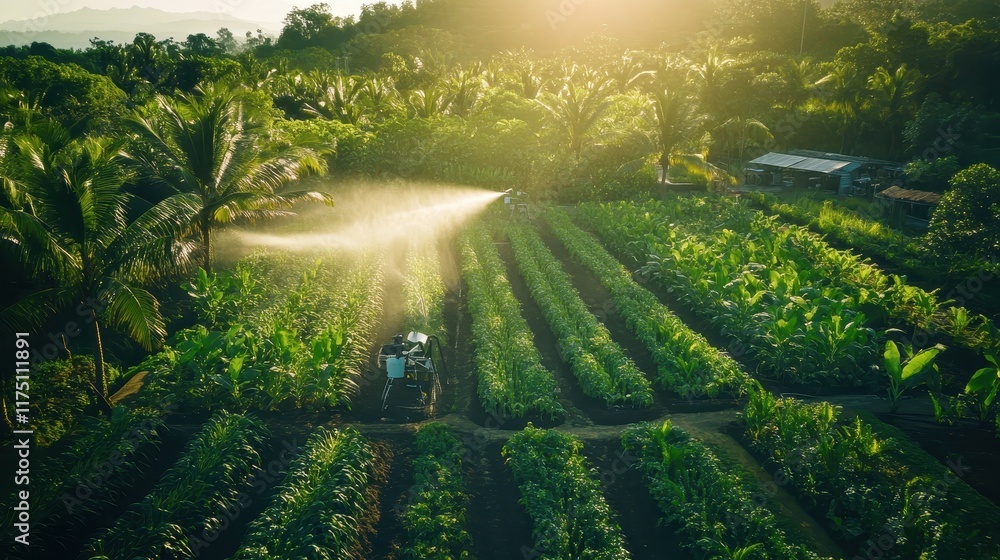 A lush green field with a tractor spraying water on the crops A lush green field with a tractor spraying water on the crops