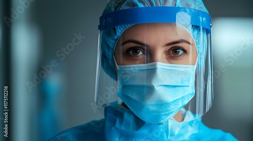 A close-up portrait of a doctor in face mask and medical hygiene gear, prepared for duty.