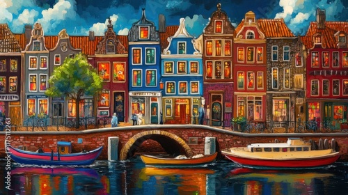 A bustling canal scene with colorful buildings, vibrant boats, and cobblestone streets filled with charm