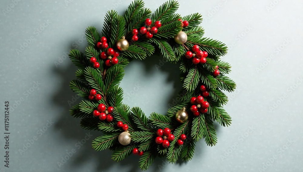 A Christmas wreath made of red and green evergreen branches, decoration, holiday A Christmas wreath made of red and green evergreen branches, decoration, holiday