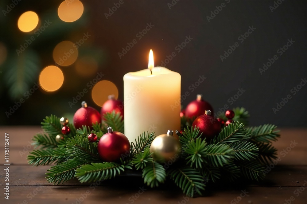 A delicate white candle in an advent wreath is adorned with festive decorations, greenery, candle A delicate white candle in an advent wreath is adorned with festive decorations, greenery, candle