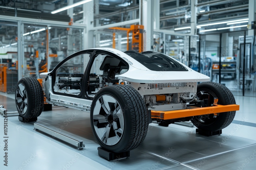 Factory automobile chassis, partially assembled, on rollers. Factory automobile chassis, partially assembled, on rollers.