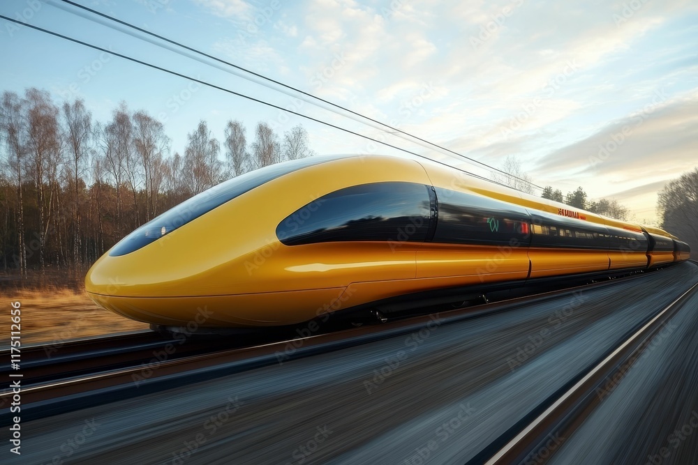 Naklejka premium Sleek yellow high-speed train speeding past trees.