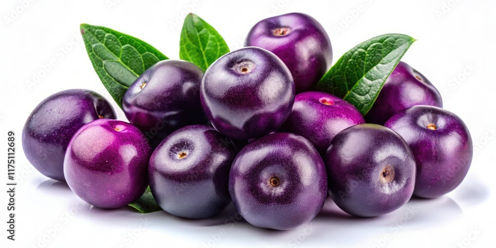 Vibrant acai berries, pristine white backdrop, high-resolution stock image perfect for your projects.