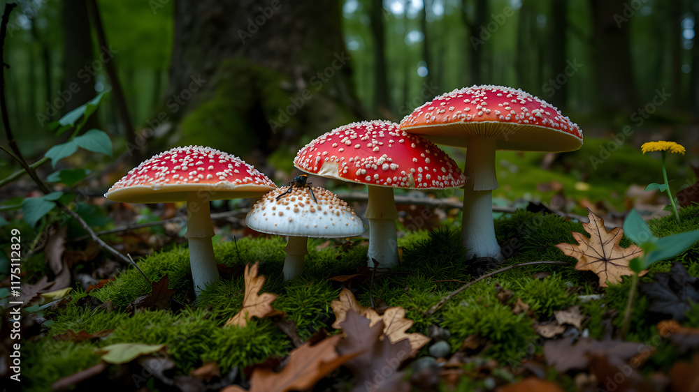 Fly agaric mushrooms in beech woodland, Generative AI Fly agaric mushrooms in beech woodland, Generative AI