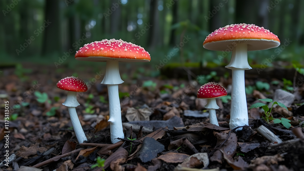 Fly agaric mushrooms in beech woodland, Generative AI Fly agaric mushrooms in beech woodland, Generative AI