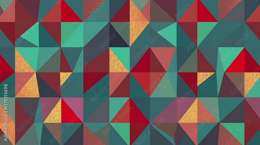 Geometric Abstract Texture: A captivating pattern of interconnected triangles in shades of red, teal, and gold, creating a visually striking and modern design. Perfect for backgrounds, textiles. Geometric Abstract Texture: A captivating pattern of interconnected triangles in shades of red, teal, and gold, creating a visually striking and modern design. Perfect for backgrounds, textiles.