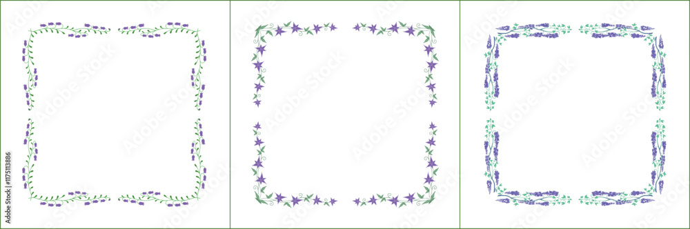 Set of three elegant green vegetal ornamental frame with purple flowers, decorative border. Isolated vector illustration Set of three elegant green vegetal ornamental frame with purple flowers, decorative border. Isolated vector illustration