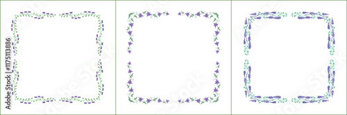 Set of three elegant green vegetal ornamental frame with purple flowers, decorative border. Isolated vector illustration	