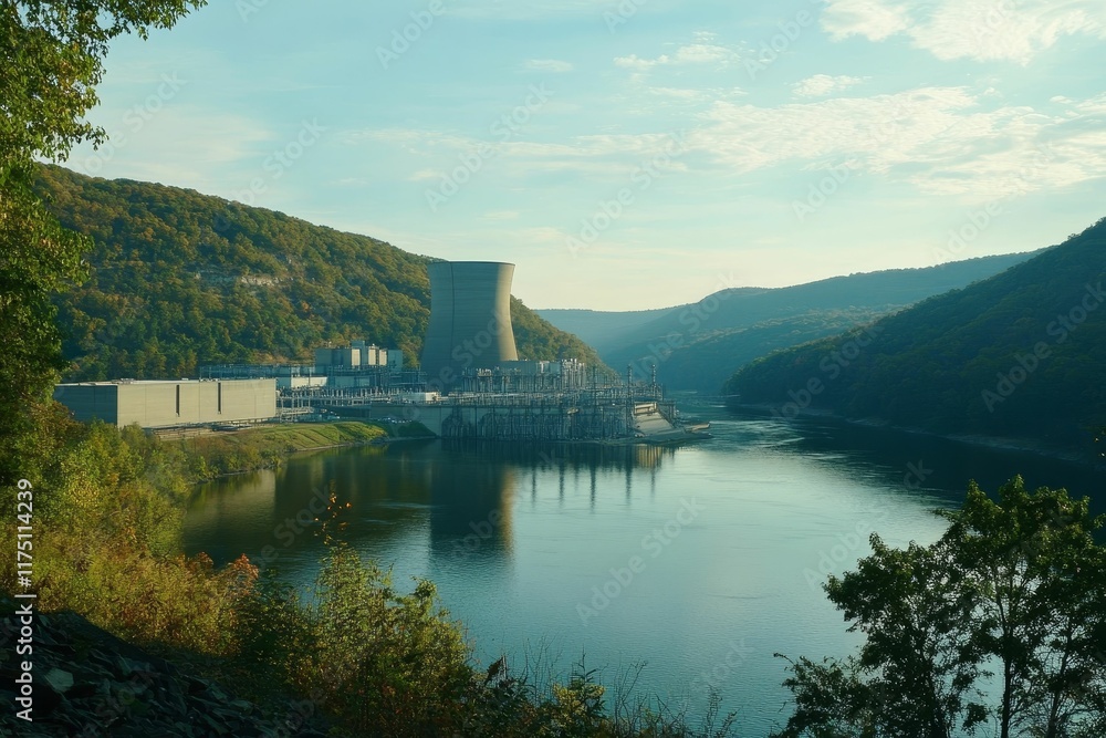 Fototapeta premium River valley power plant, hills, calm water.
