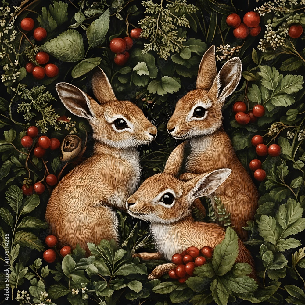 Fototapeta premium Three rabbits surrounded by foliage and berries in a natural setting.