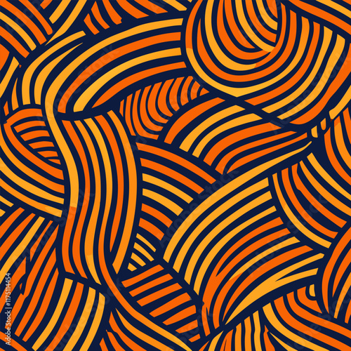 Bold abstract pattern with orange and navy lines.