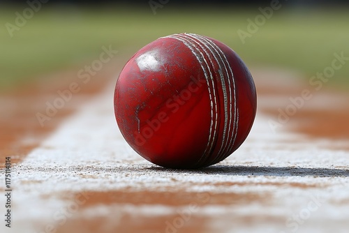 Cricket Ball: Close-Up of Worn Red Sphere on Pitch photo