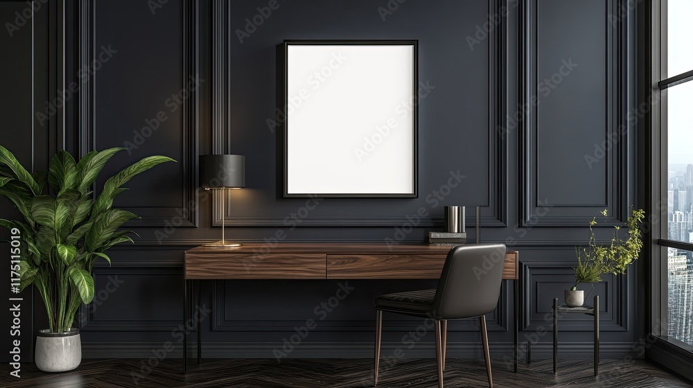 Dark Modern Home Office Desk With Blank Frame Dark Modern Home Office Desk With Blank Frame