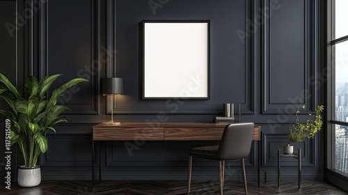 Dark Modern Home Office Desk With Blank Frame